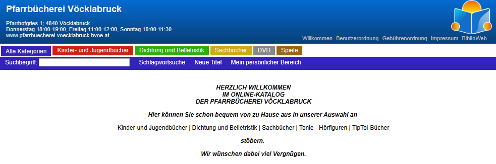 Biblioweb, Online Katalog, Bücher, Lesekonto, Pfarrbücherei Vöcklabruck, Bibliothek