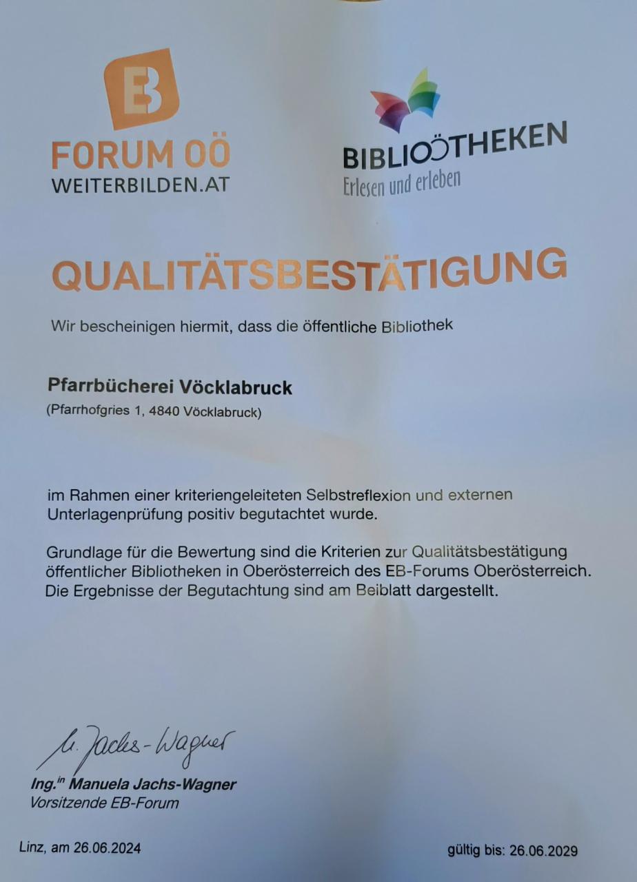 Qualitätsbestätigung, Pfarrbücherei Vöcklabruck, Bibliothek Pfarre Vöcklabruck