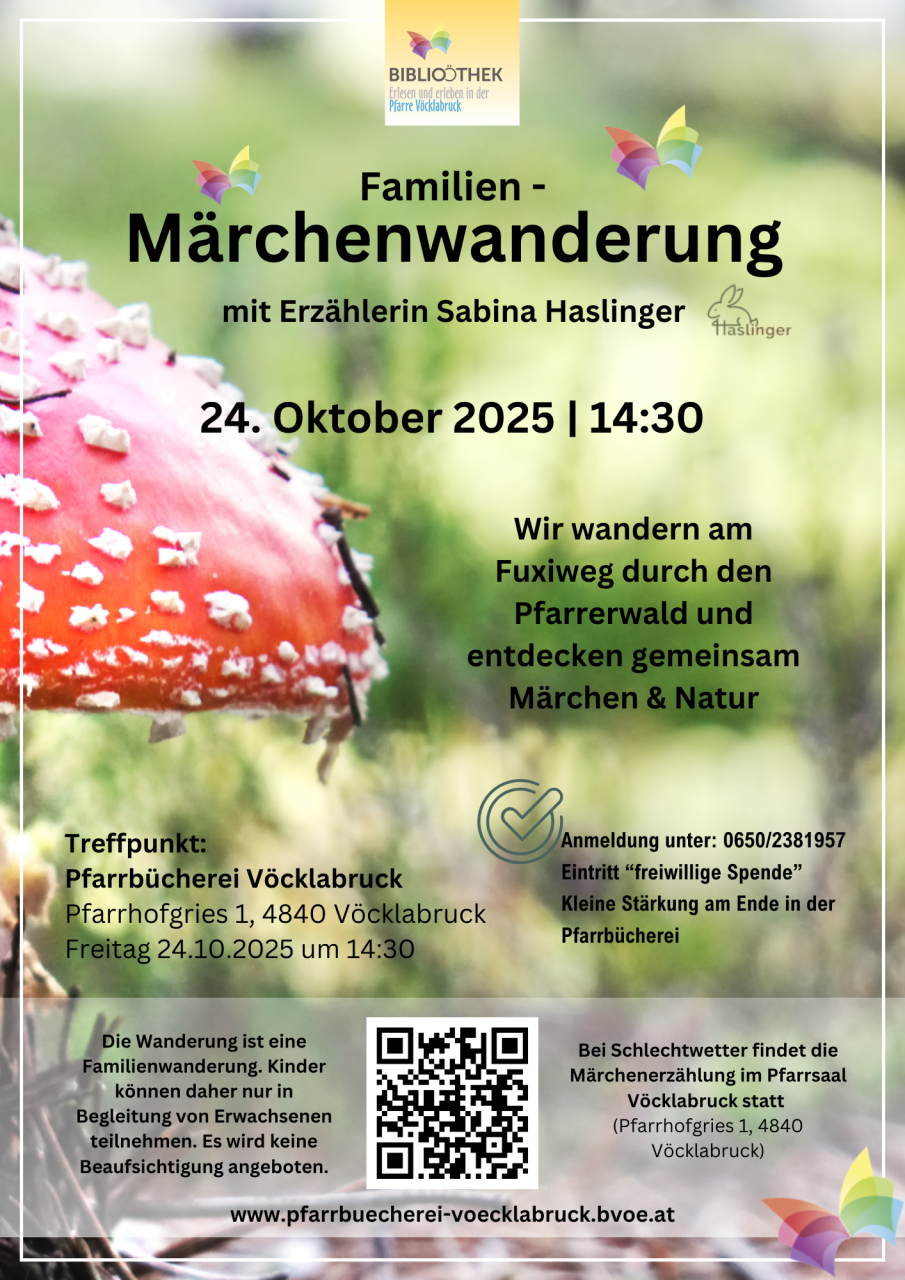 Flyer Familien-Märchenwanderung mit Erzählerin Sabina Haslinger der Pfarrbücherei Vöcklabruck