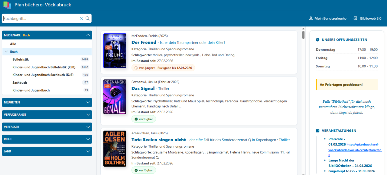 Biblioweb, Online Katalog, Bücher, Lesekonto, Pfarrbücherei Vöcklabruck, Bibliothek